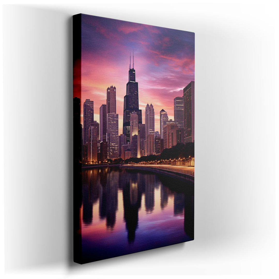 canvas print on wrapped canvas for wall decor – This wall art captures the breathtaking beauty of the Chicago skyline, a masterpiece of urban architecture and natural s...