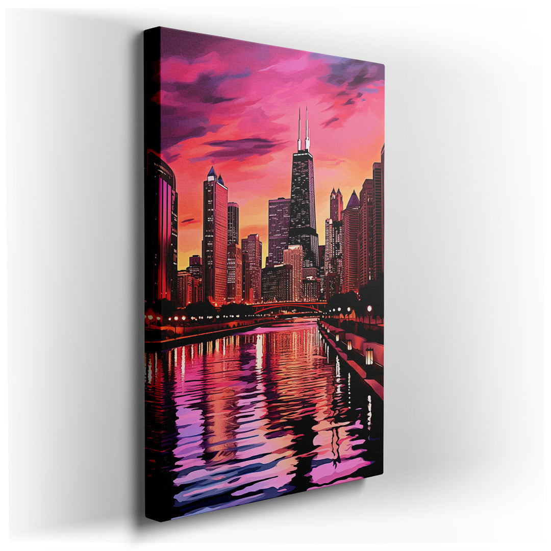 canvas print on wrapped canvas for wall decor – This wall art is a captivating portrayal of Chicago's skyline at the magical hour of sunset, where the sky transforms in...