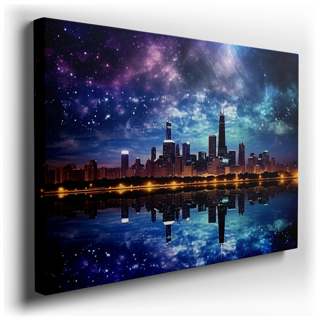 canvas print on wrapped canvas for wall decor – This wall art is a captivating portrayal of the Chicago skyline, masterfully juxtaposed against a mesmerizing cosmic bac...
