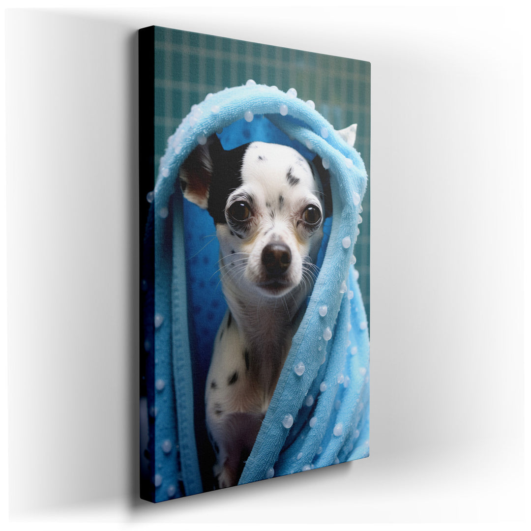 canvas print on wrapped canvas for wall decor – Imagine a delightful wall art that captures the essence of charm and comfort, featuring a fashionable Chihuahua with str...