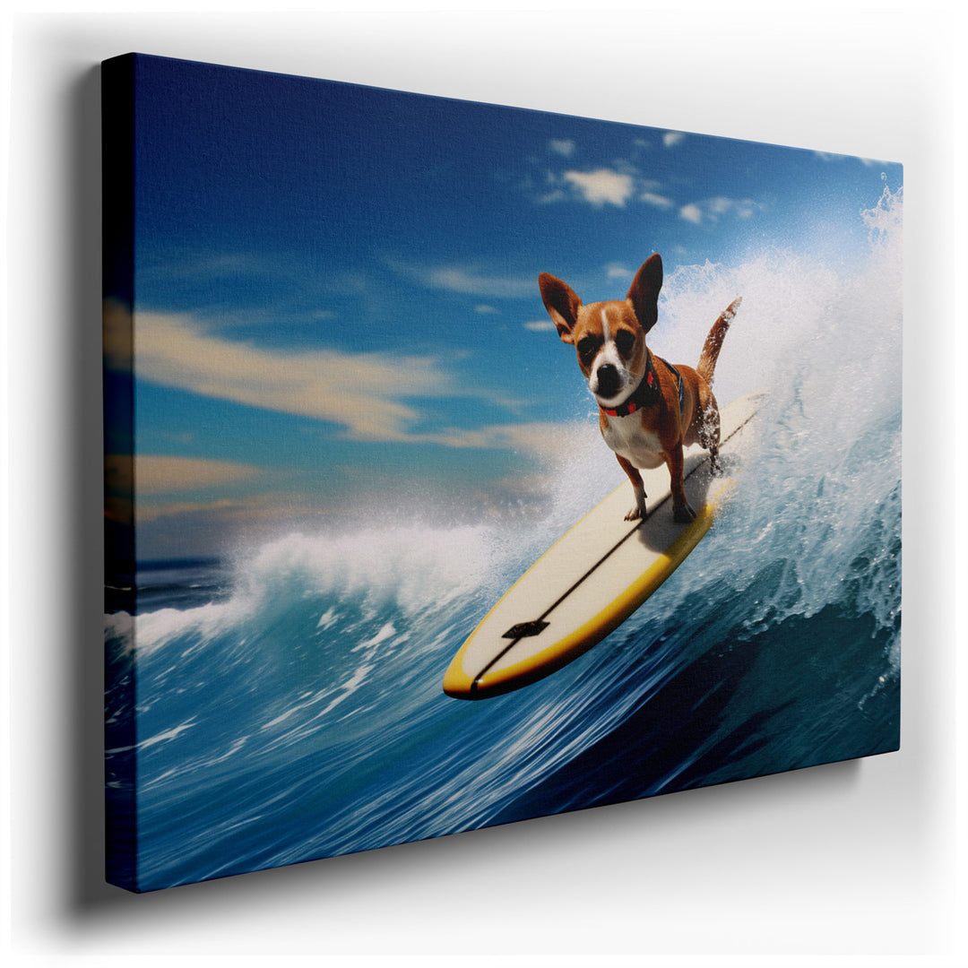 canvas print on wrapped canvas for wall decor – This captivating wall art vividly portrays a Chihuahua, a small yet spirited breed, engaging in the unexpected and exhil...