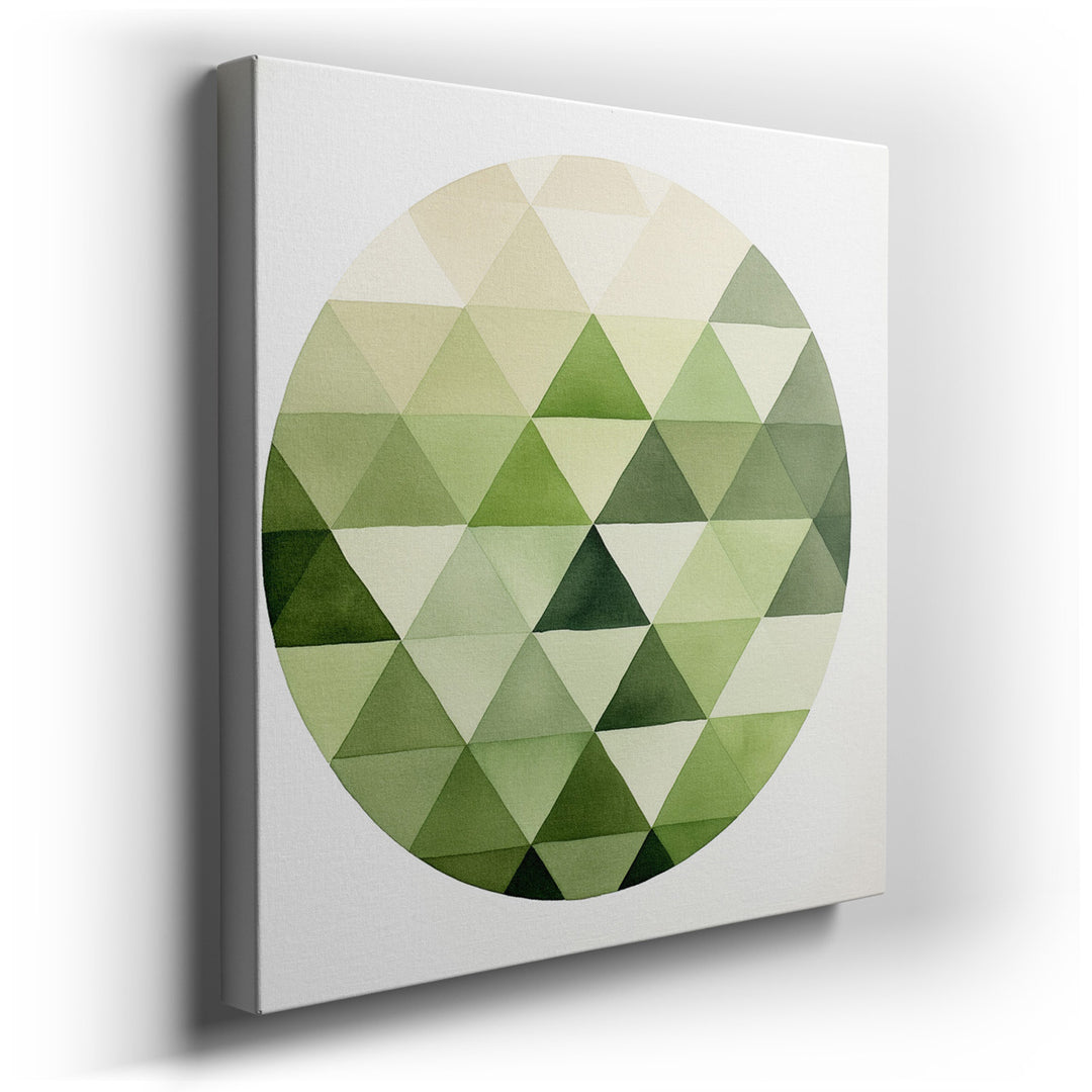 canvas print on wrapped canvas for wall decor – This exquisite wall art, characterized by its circular arrangement of subtle green triangles, is a masterpiece of color...