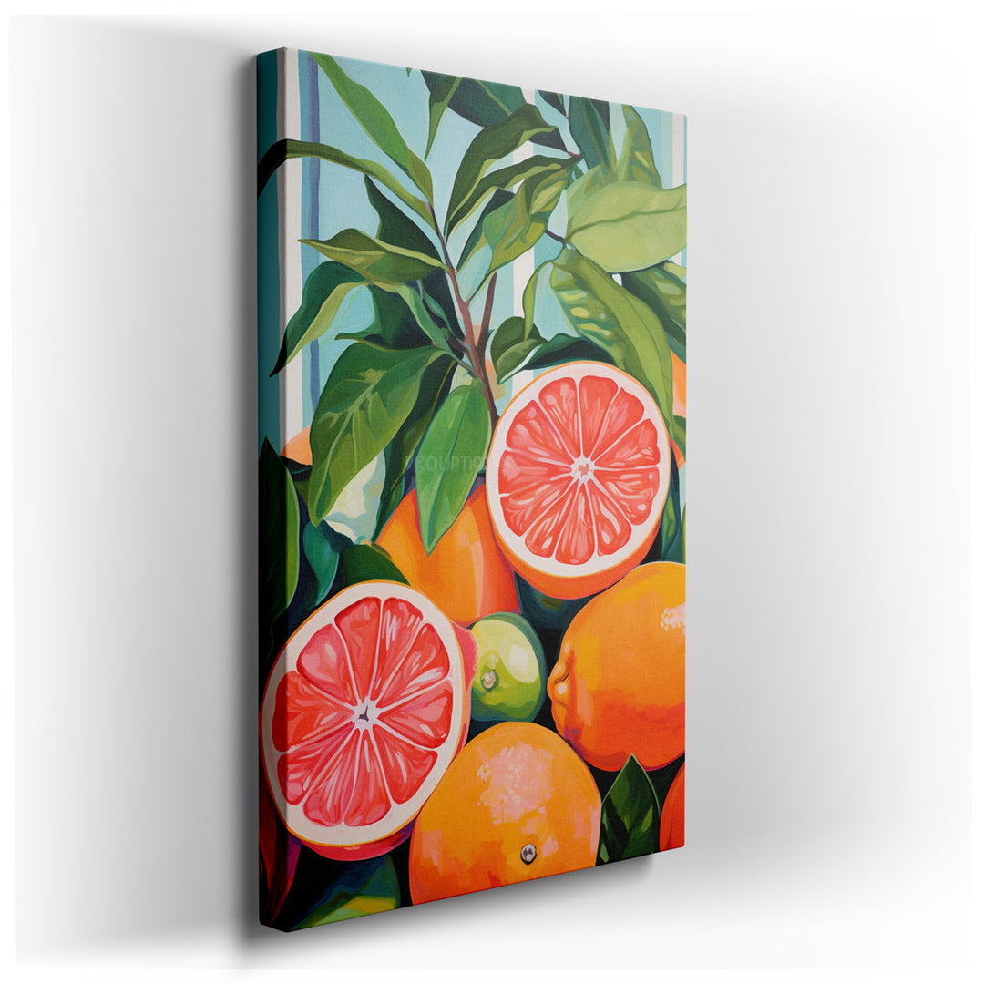 canvas print on wrapped canvas for wall decor – This exquisite wall art, a vibrant tableau of citrus splendor, features a delightful arrangement of oranges and grapefru...