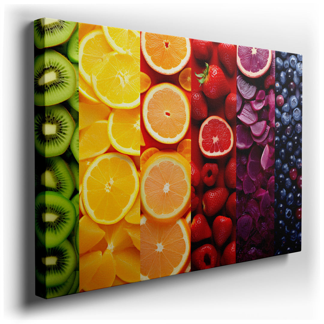 canvas print on wrapped canvas for wall decor – This wall art, a vibrant and meticulously arranged composition of segmented citrus fruits and berries, is a celebration...