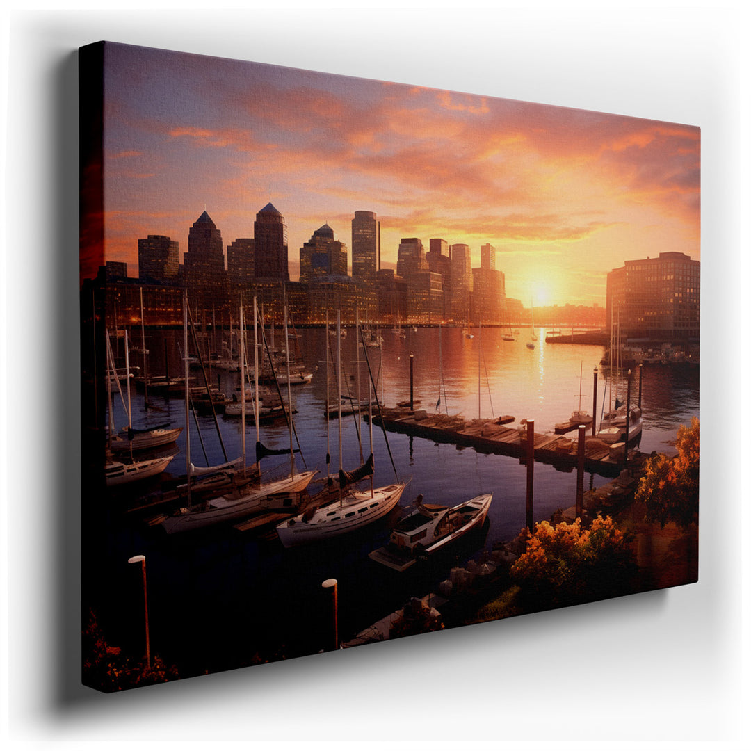 canvas print on wrapped canvas for wall decor – This wall art captures a breathtaking skyline view at the magical moment of sunrise, where the early light bathes the ci...