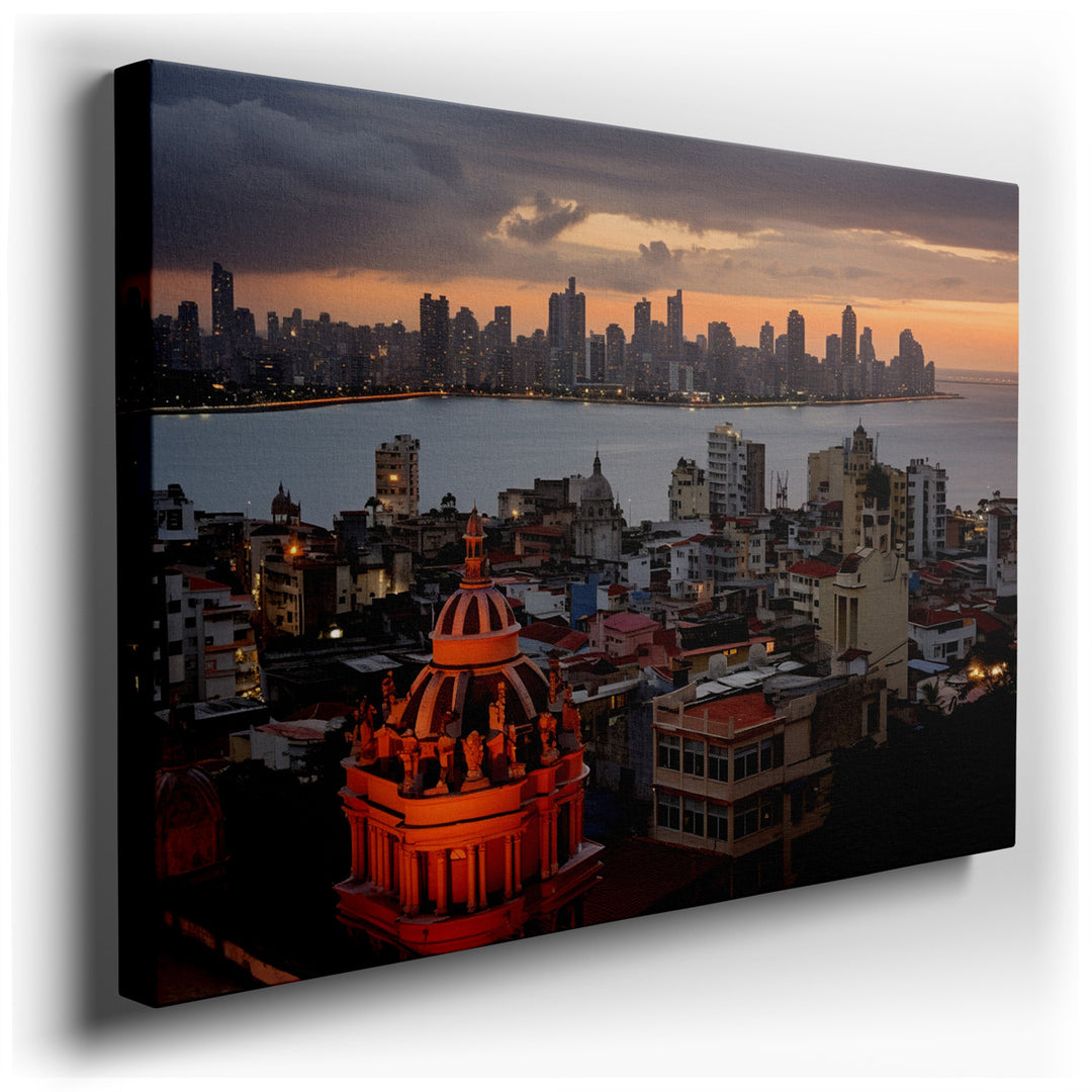 canvas print on wrapped canvas for wall decor – This wall art captures an awe-inspiring view of a modern skyline at the magical hour of sunset, presenting a breathtakin...