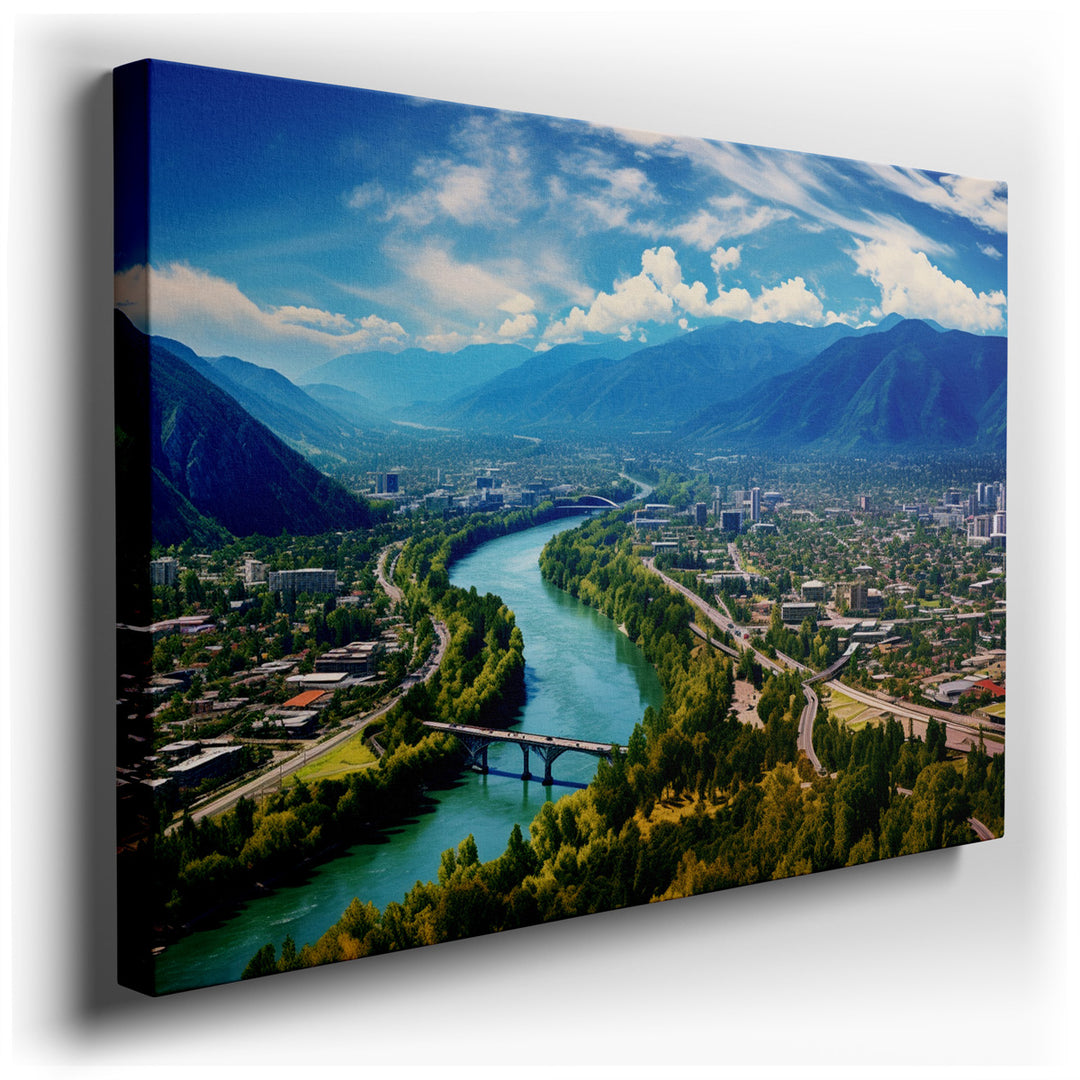 canvas print on wrapped canvas for wall decor – This wall art captures a stunning aerial perspective that marries the lush, verdant ribbons of a winding river with the...