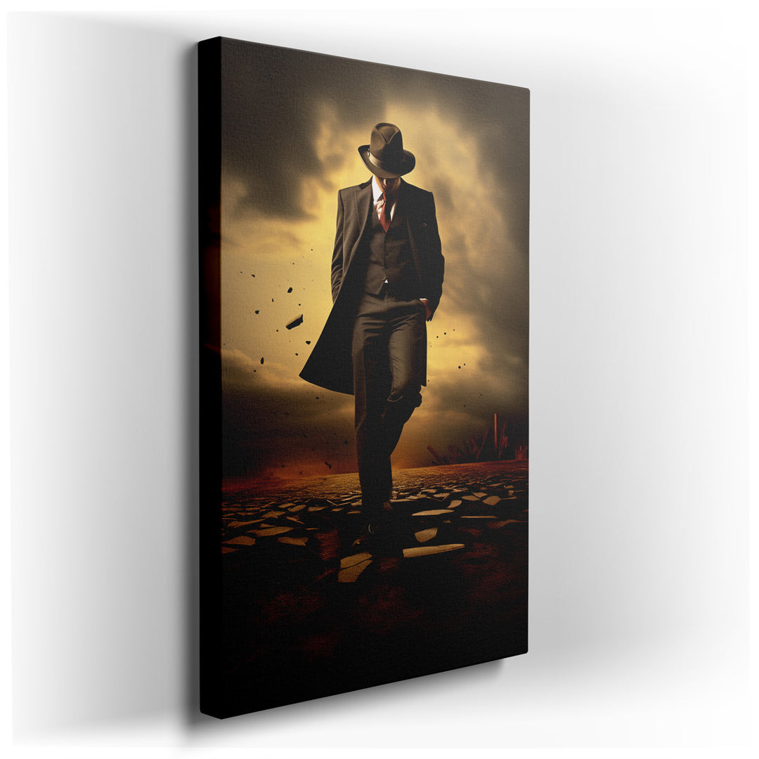 canvas print on wrapped canvas for wall decor – This wall art, a striking composition of contrasts and contemplation, portrays a sophisticated man, impeccably dressed i...