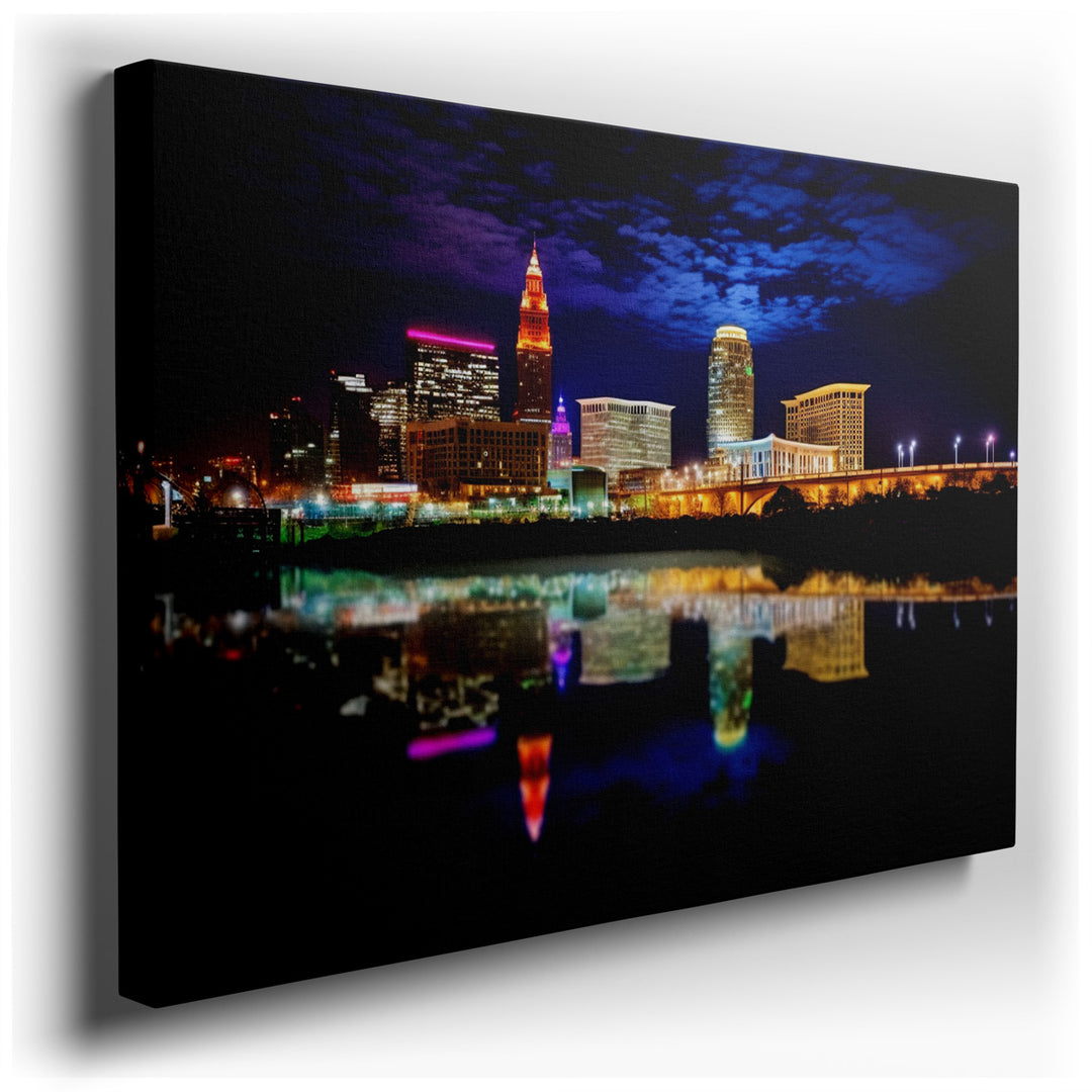 canvas print on wrapped canvas for wall decor – This wall art, a masterful depiction of Cleveland's vibrant skyline at night, is an exquisite representation of urban be...