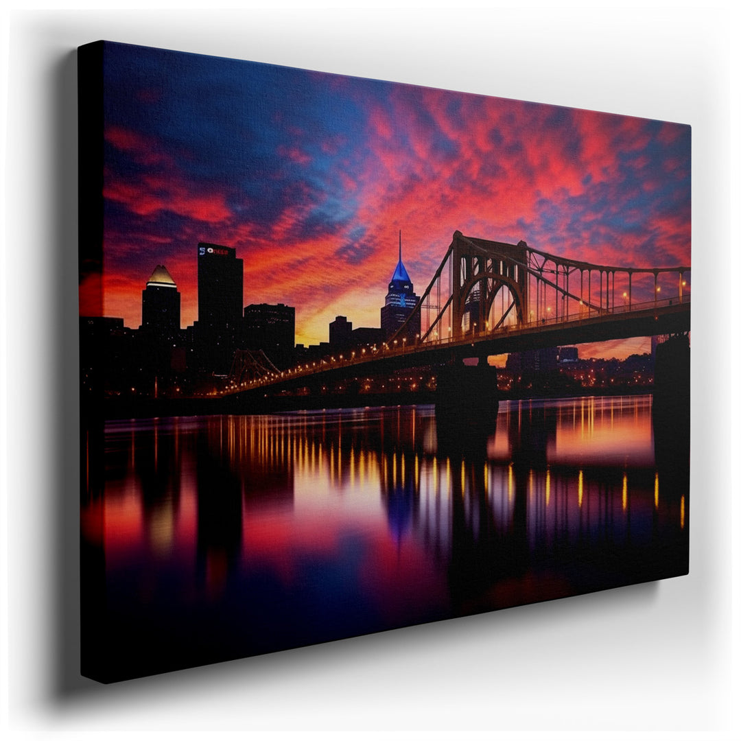 canvas print on wrapped canvas for wall decor – This wall art, a masterful depiction of the Cleveland skyline, is an exquisite blend of natural splendor and architectur...