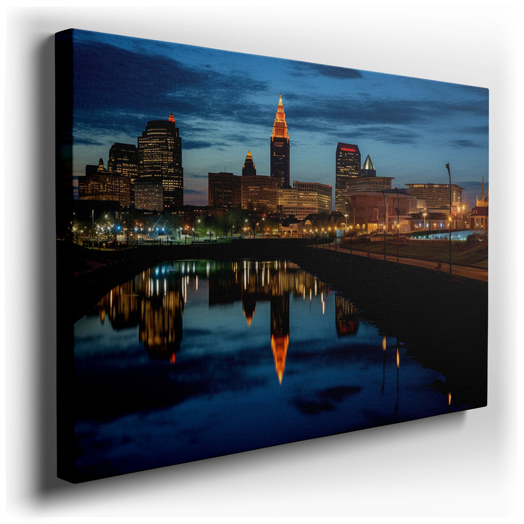 canvas print on wrapped canvas for wall decor – This wall art captures the essence of Cleveland's skyline at the enchanting hour of twilight, a moment when the city tra...
