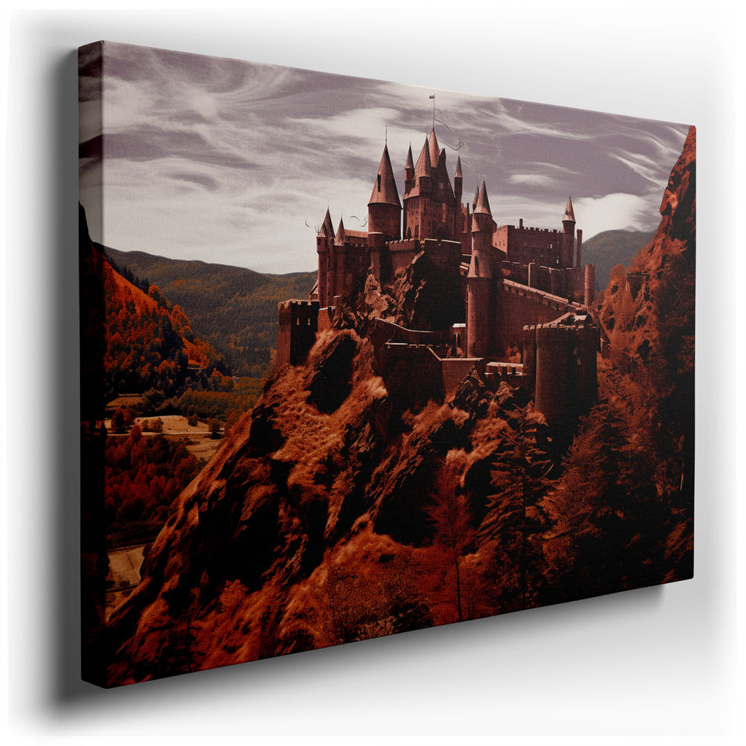canvas print on wrapped canvas for wall decor – This captivating wall art portrays a formidable fortress perched atop a craggy cliff, asserting its dominance over the s...
