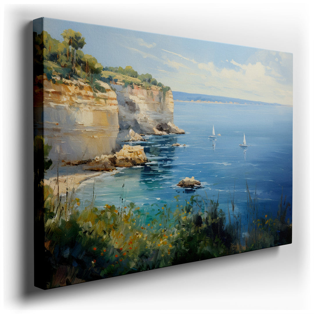 canvas print on wrapped canvas for wall decor – This enchanting wall art captures a picturesque coastal scene, where the tranquility of the ocean and the thrill of sail...