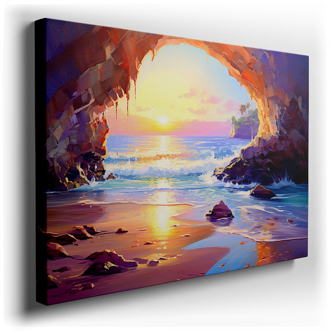 canvas print on wrapped canvas for wall decor – This wall art, a mesmerizing depiction of a coastal cavern, is a masterful celebration of nature's dynamic beauty and po...