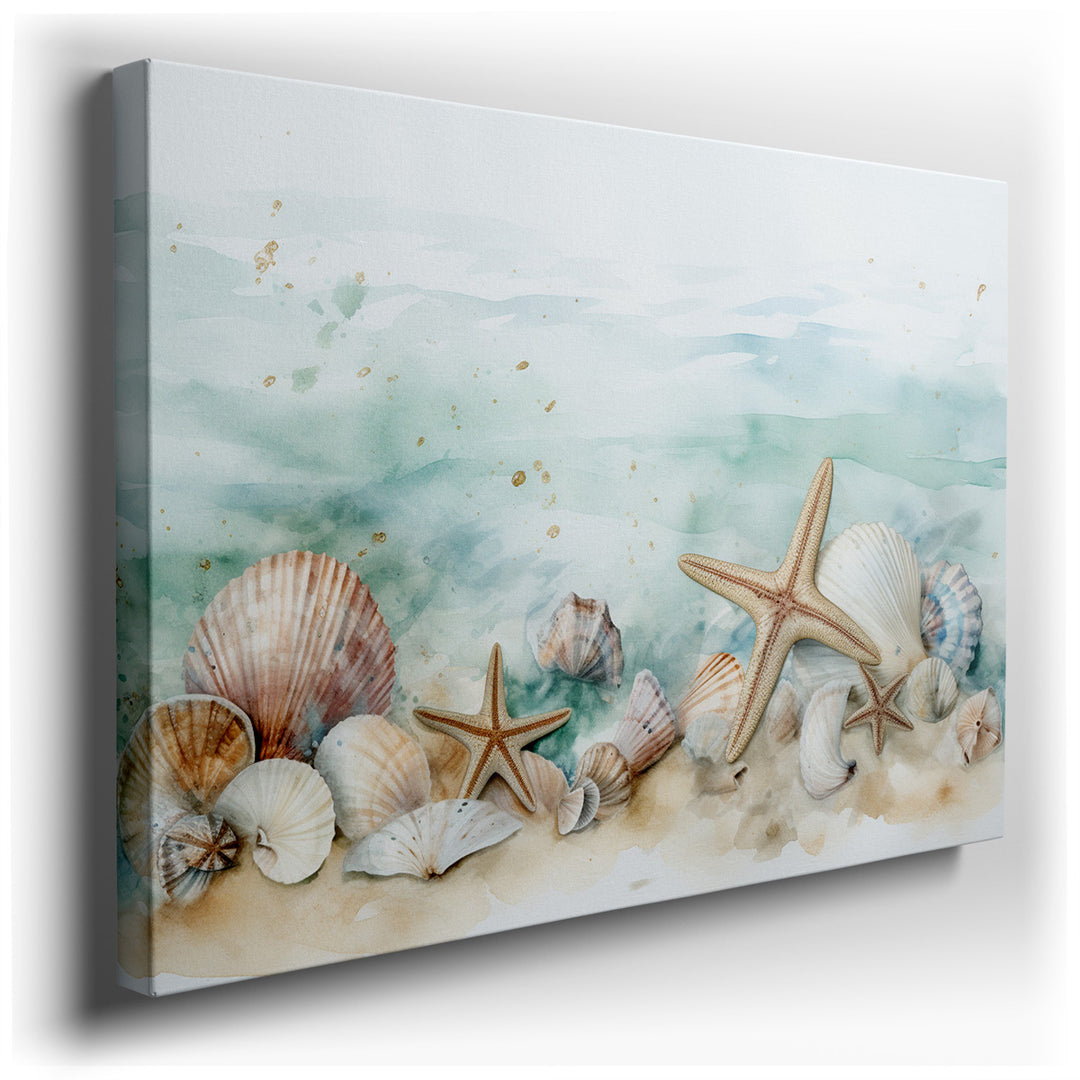 canvas print on wrapped canvas for wall decor – This wall art, an exquisite depiction of coastal serenity, portrays a collection of shells and starfish delicately arran...