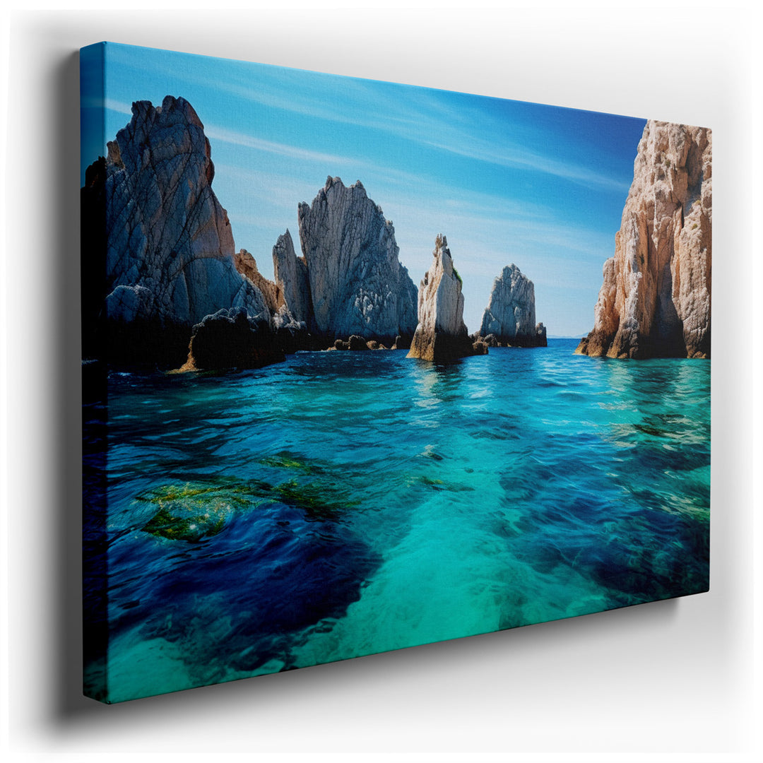 canvas print on wrapped canvas for wall decor – This enchanting wall art captures the essence of a pristine coastal scene, where rugged rocky outcrops majestically rise...