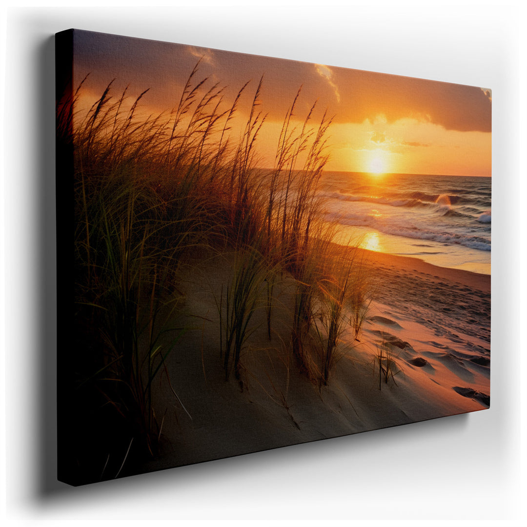 canvas print on wrapped canvas for wall decor – This wall art captures a serene moment at twilight, where the sun sets gracefully over a coastal landscape, creating a m...