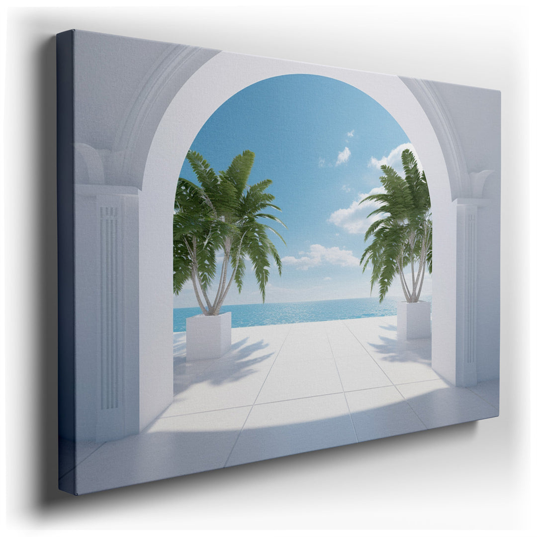 canvas print on wrapped canvas for wall decor – This exquisite wall art captures a breathtaking coastal scene, masterfully canvas by elegant architectural arches that g...