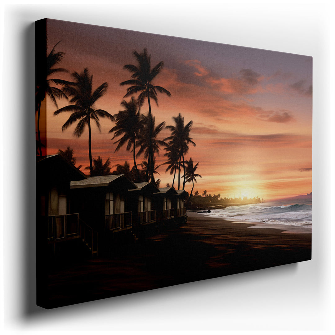 canvas print on wrapped canvas for wall decor – This wall art captures a picturesque scene of coastal serenity, featuring a row of charming beach houses nestled along t...