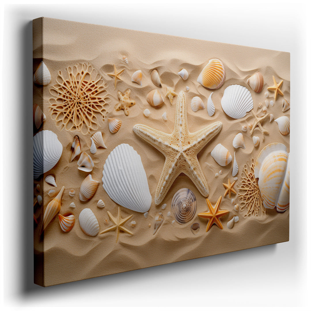 canvas print on wrapped canvas for wall decor – This wall art, a meticulous and evocative portrayal of seaside treasures, captures the serene and enchanting allure of t...