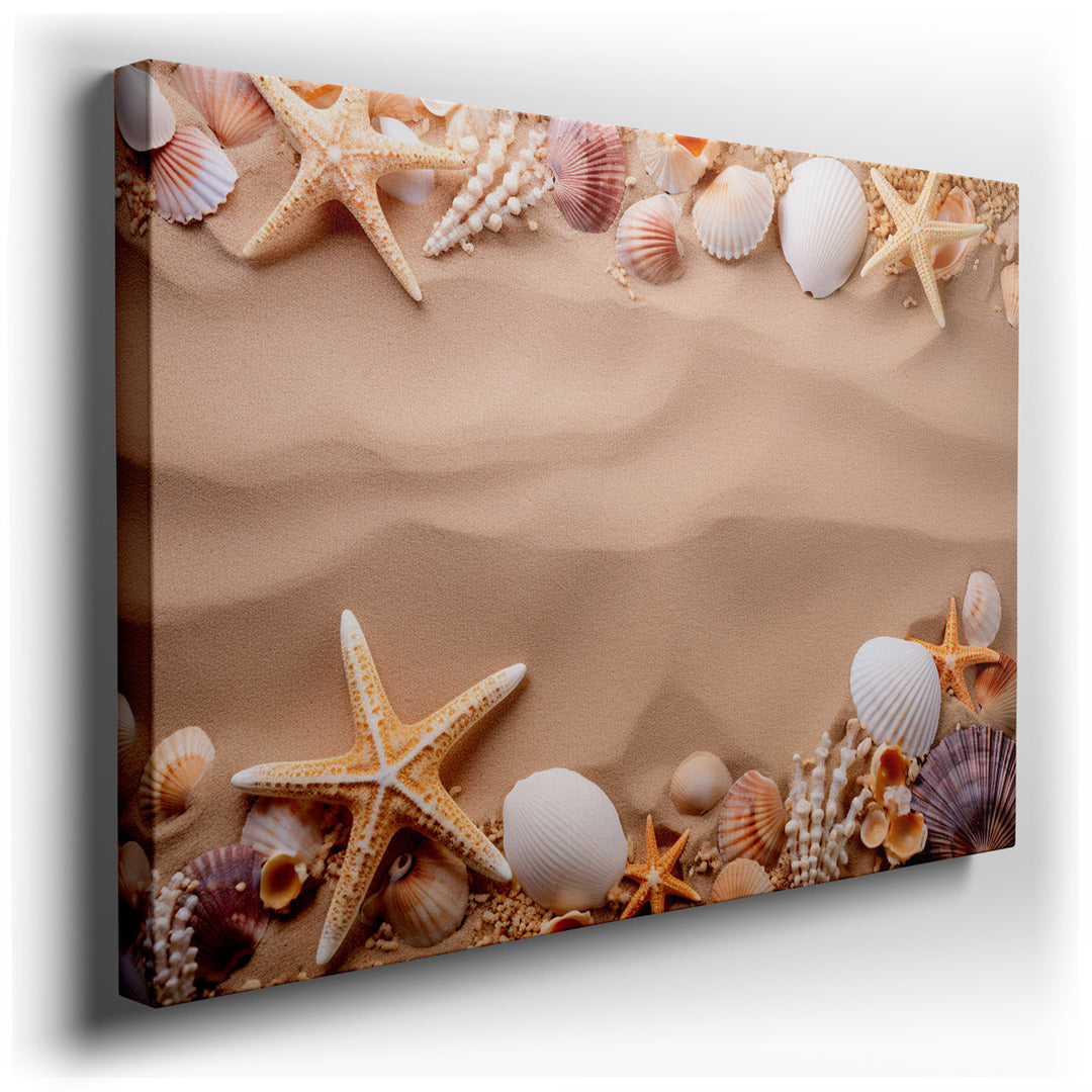 canvas print on wrapped canvas for wall decor – This wall art, a meticulous and artful arrangement of seashells and starfish set against a sandy backdrop, encapsulates...