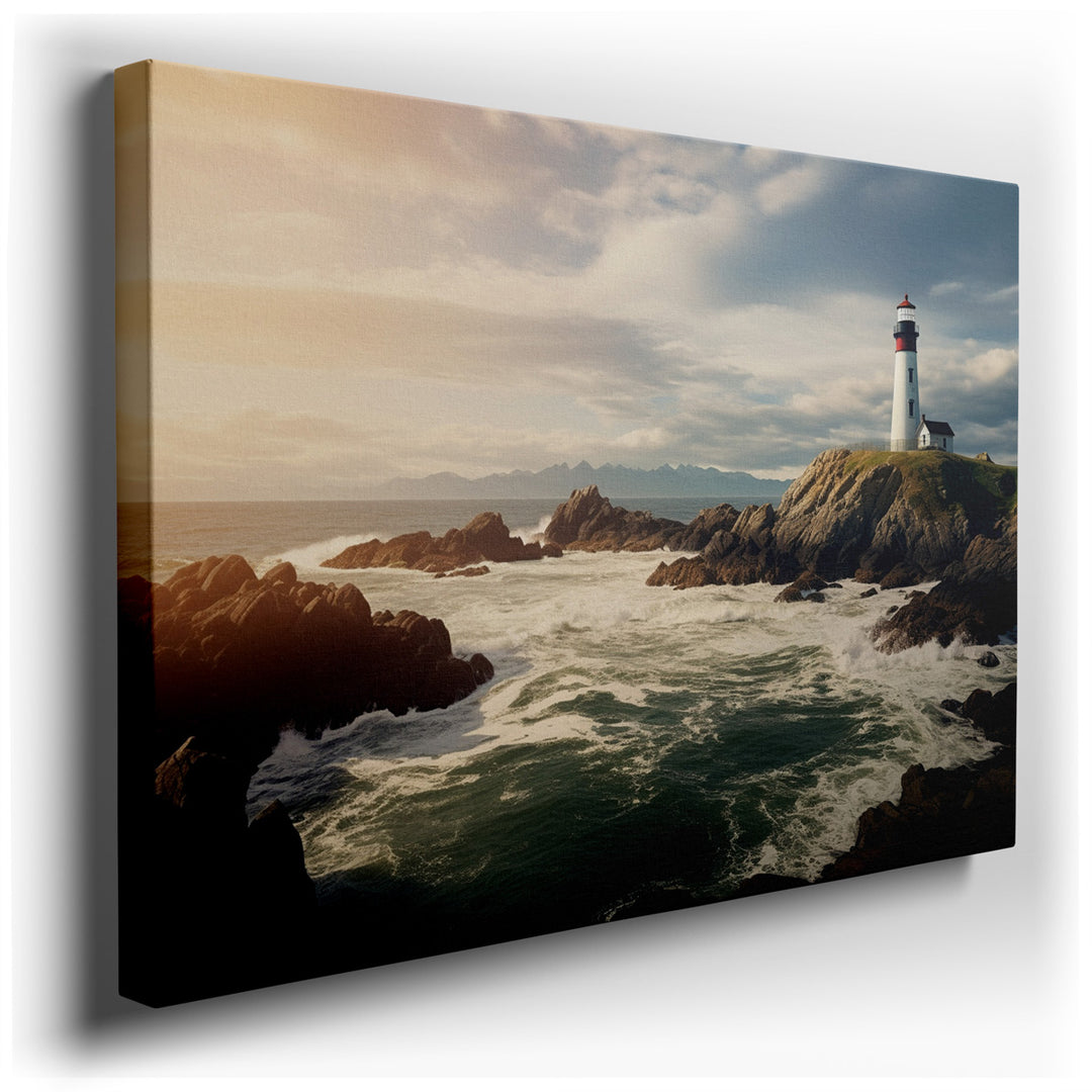 canvas print on wrapped canvas for wall decor – This wall art captures the majestic beauty of a coastal lighthouse perched atop rugged cliffs, serving as a sentinel ove...