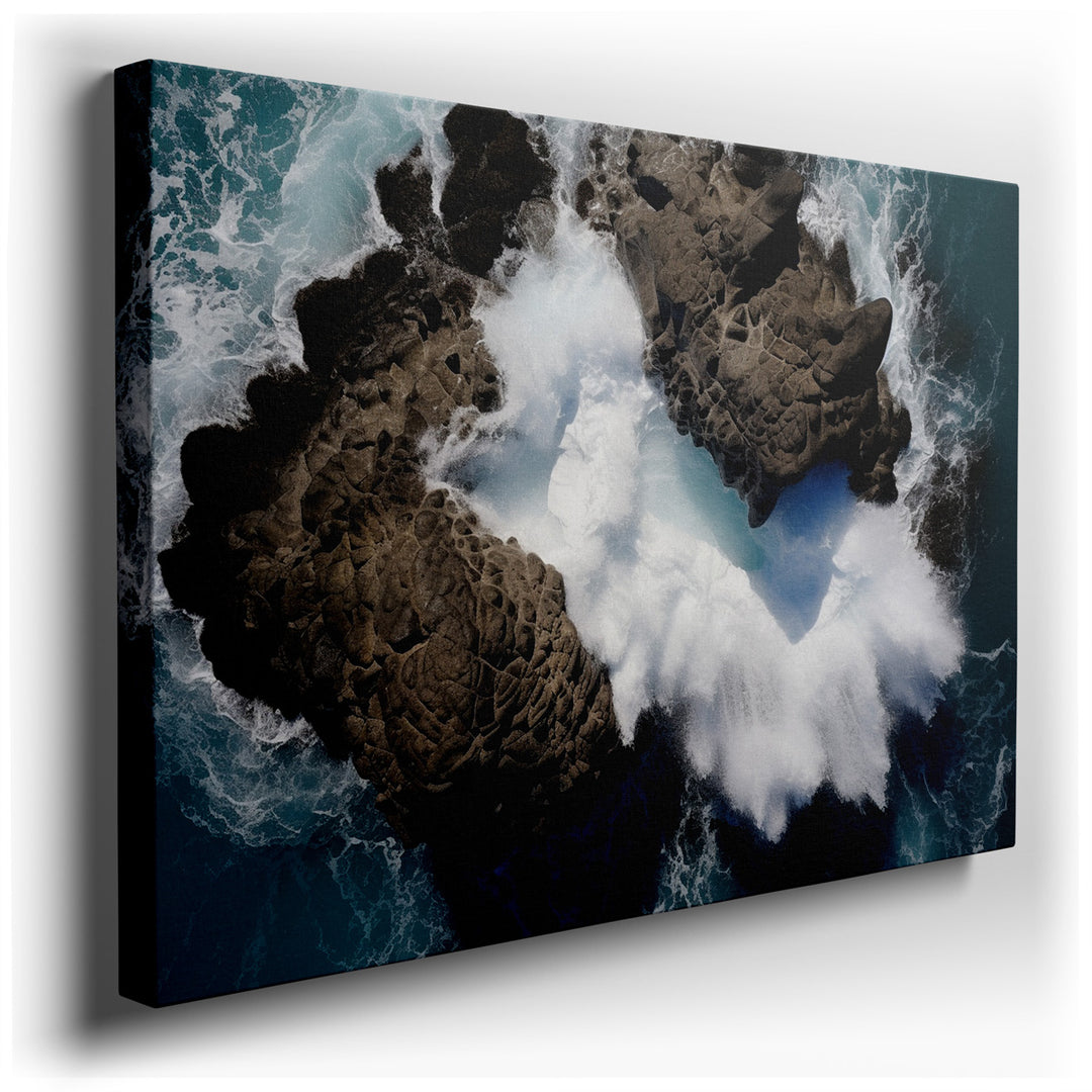 canvas print on wrapped canvas for wall decor – This wall art, an exquisite portrayal of a rocky coastal landscape viewed from above, captures the dramatic and eternal...