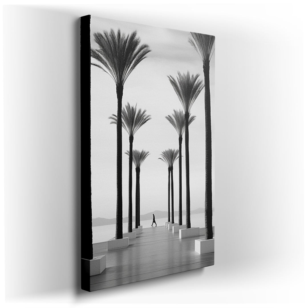 canvas print on wrapped canvas for wall decor – This exquisite black-and-white wall art masterfully captures the essence of a serene coastal landscape, where the simpli...