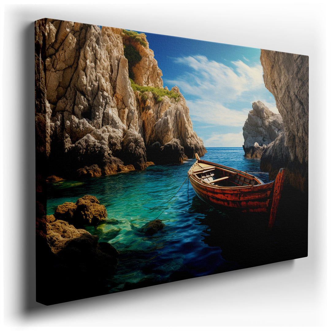 canvas print on wrapped canvas for wall decor – This wall art captures a tranquil coastal landscape, where a weathered wooden boat rests gently in a secluded cove, evok...