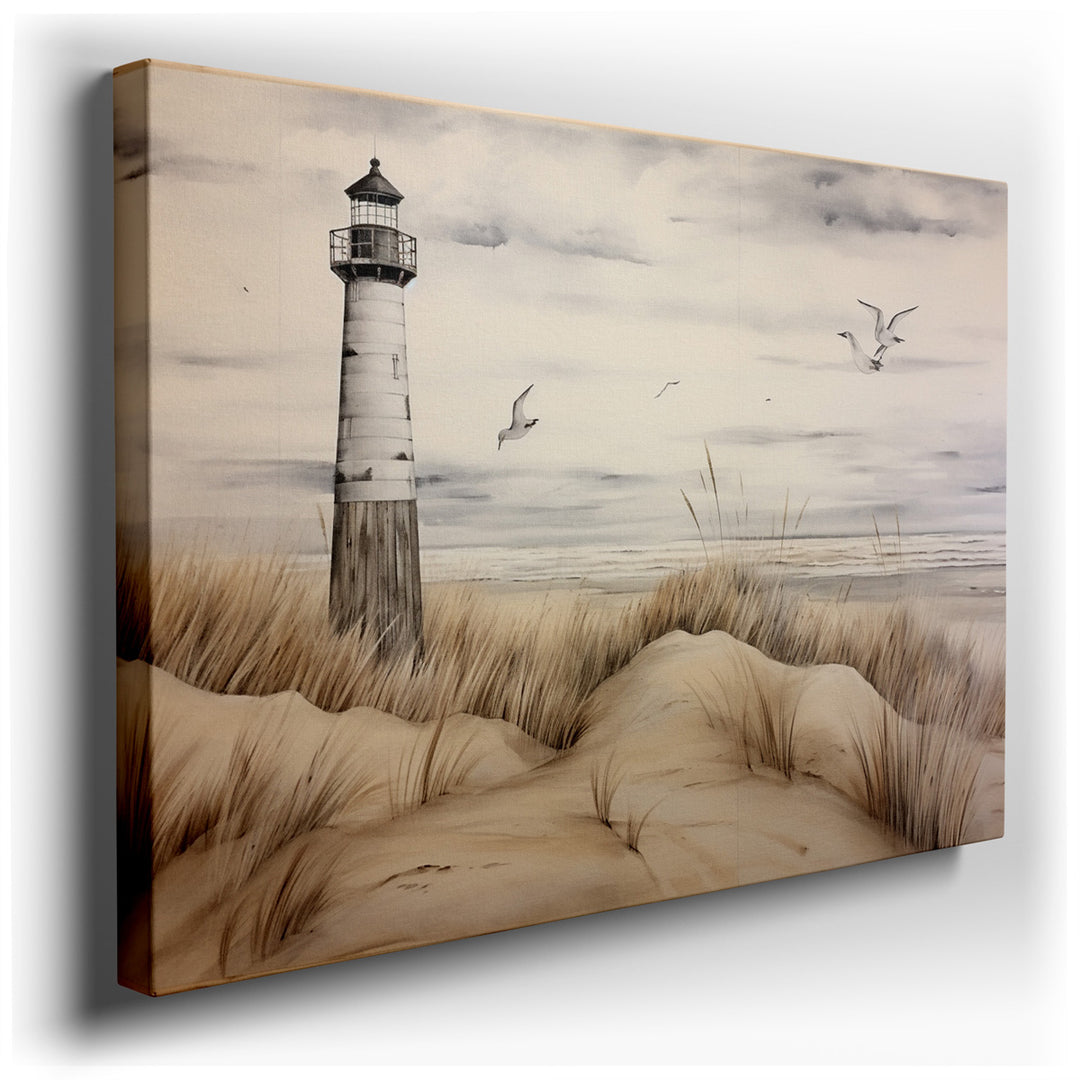 canvas print on wrapped canvas for wall decor – This wall art, a masterful representation of coastal serenity, features a lighthouse as its central figure, standing maj...
