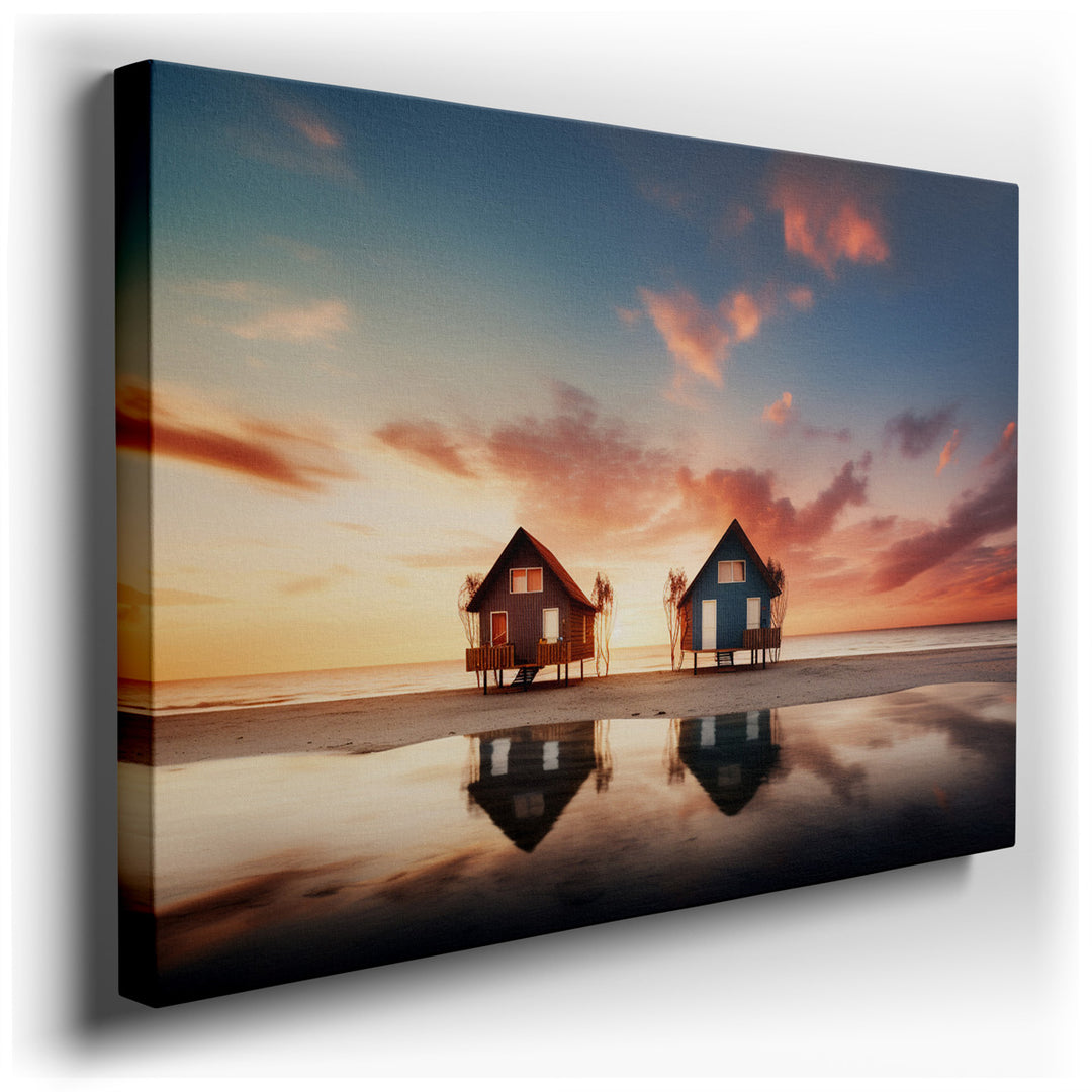 canvas print on wrapped canvas for wall decor – This exquisite wall art captures the essence of coastal serenity, featuring two charming seaside cabins bathed in the wa...