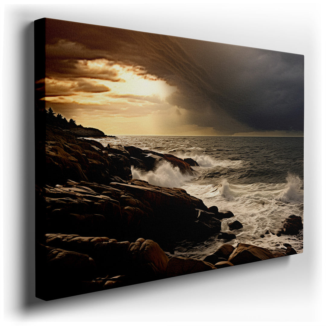 canvas print on wrapped canvas for wall decor – This exquisite wall art masterfully encapsulates the awe-inspiring power and serene beauty of a coastal landscape at sun...