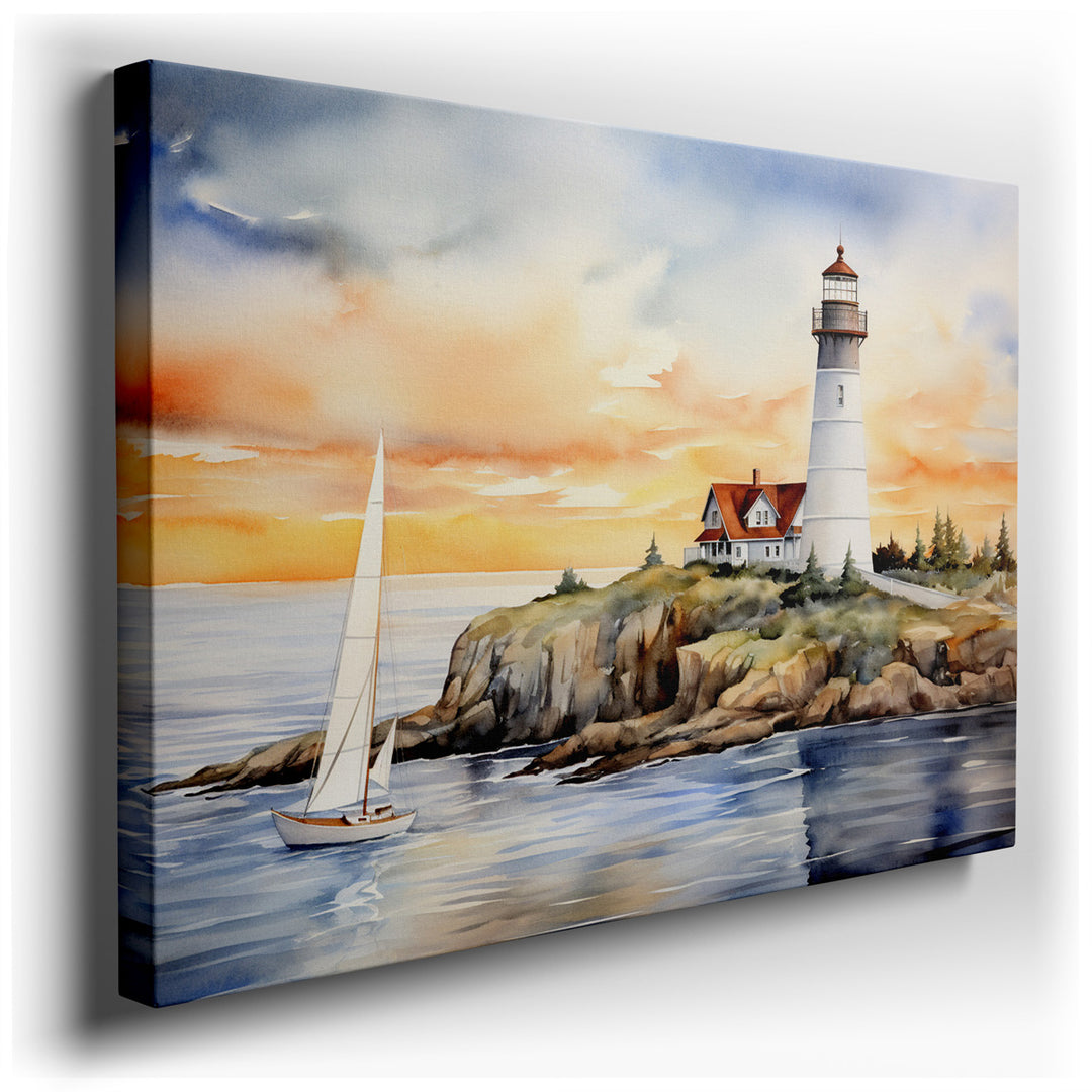 canvas print on wrapped canvas for wall decor – This exquisite watercolor wall art captures the serene beauty of a coastal scene at sunset, featuring a majestic lightho...