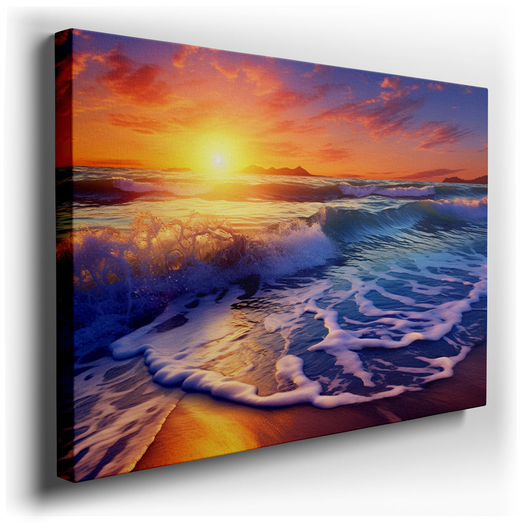 canvas print on wrapped canvas for wall decor – This captivating wall art masterfully captures the essence of a coastal sunset, where the vibrant hues of the setting su...