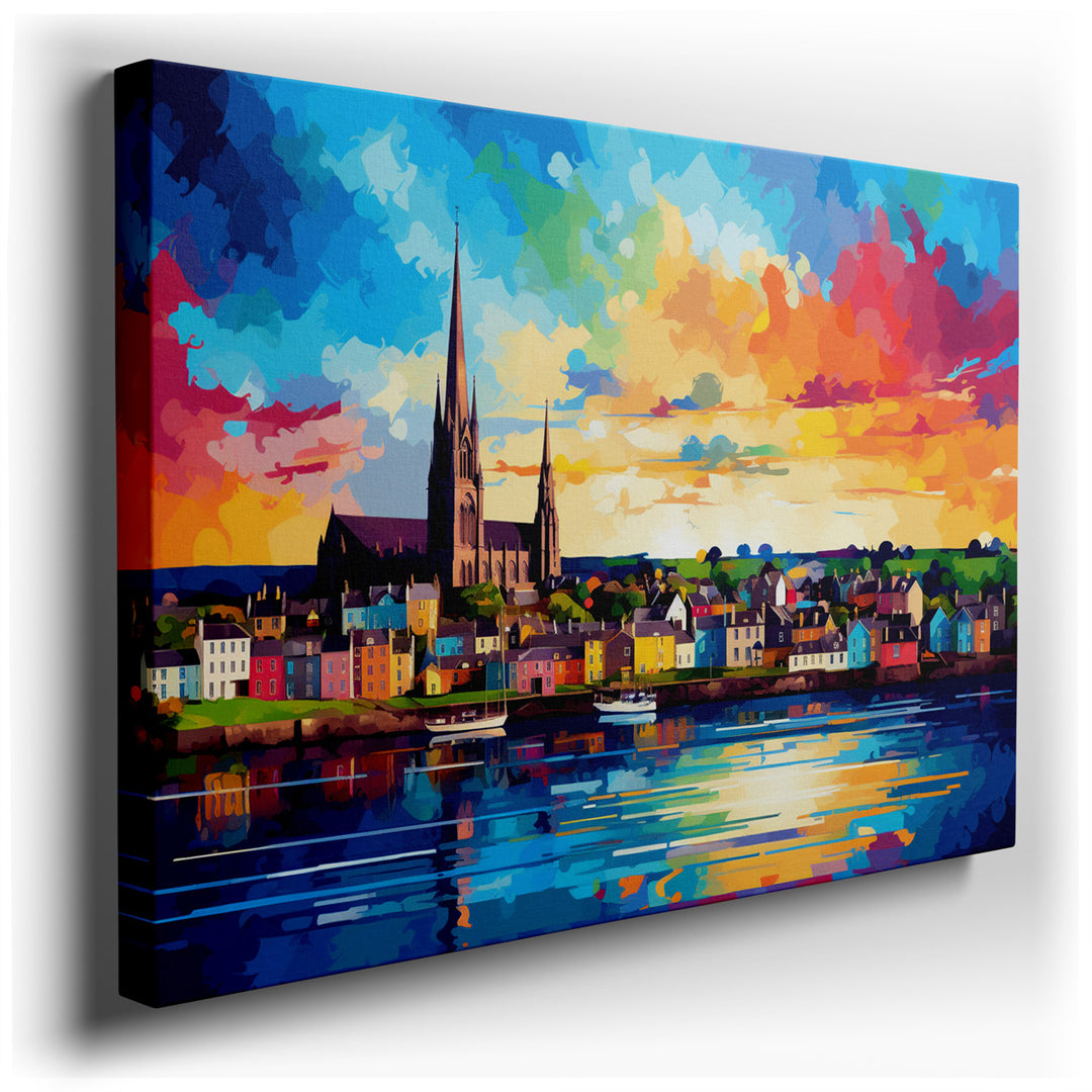canvas print on wrapped canvas for wall decor – This enchanting wall art offers a vivid depiction of a coastal town bathed in the warm glow of a sunset, creating a scen...