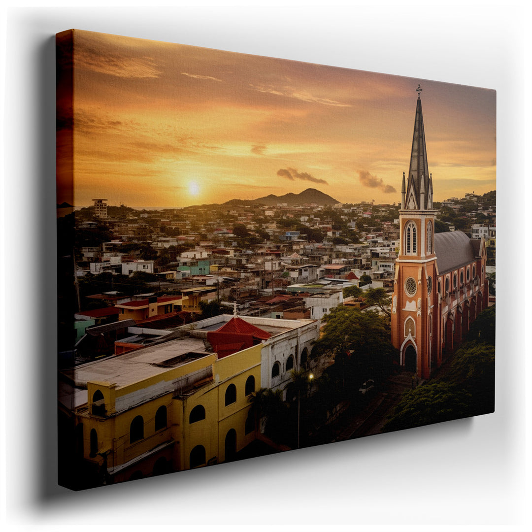 canvas print on wrapped canvas for wall decor – This exquisite wall art portrays the tranquil allure of a coastal town as the sun dips below the horizon, casting a brea...