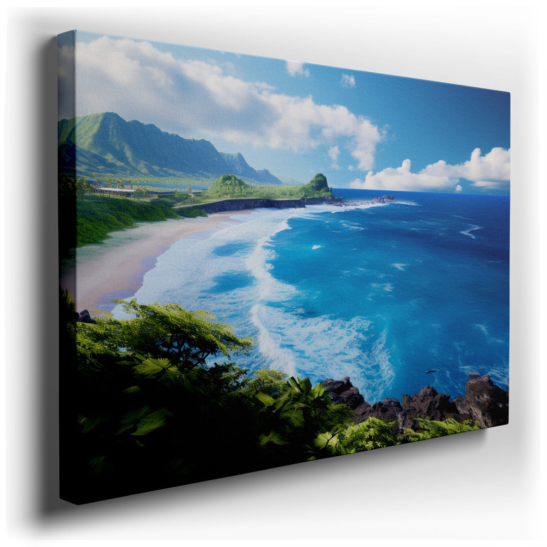canvas print on wrapped canvas for wall decor – This exquisite wall art portrays a stunning coastal landscape where the lush verdancy of rolling hills gracefully conver...