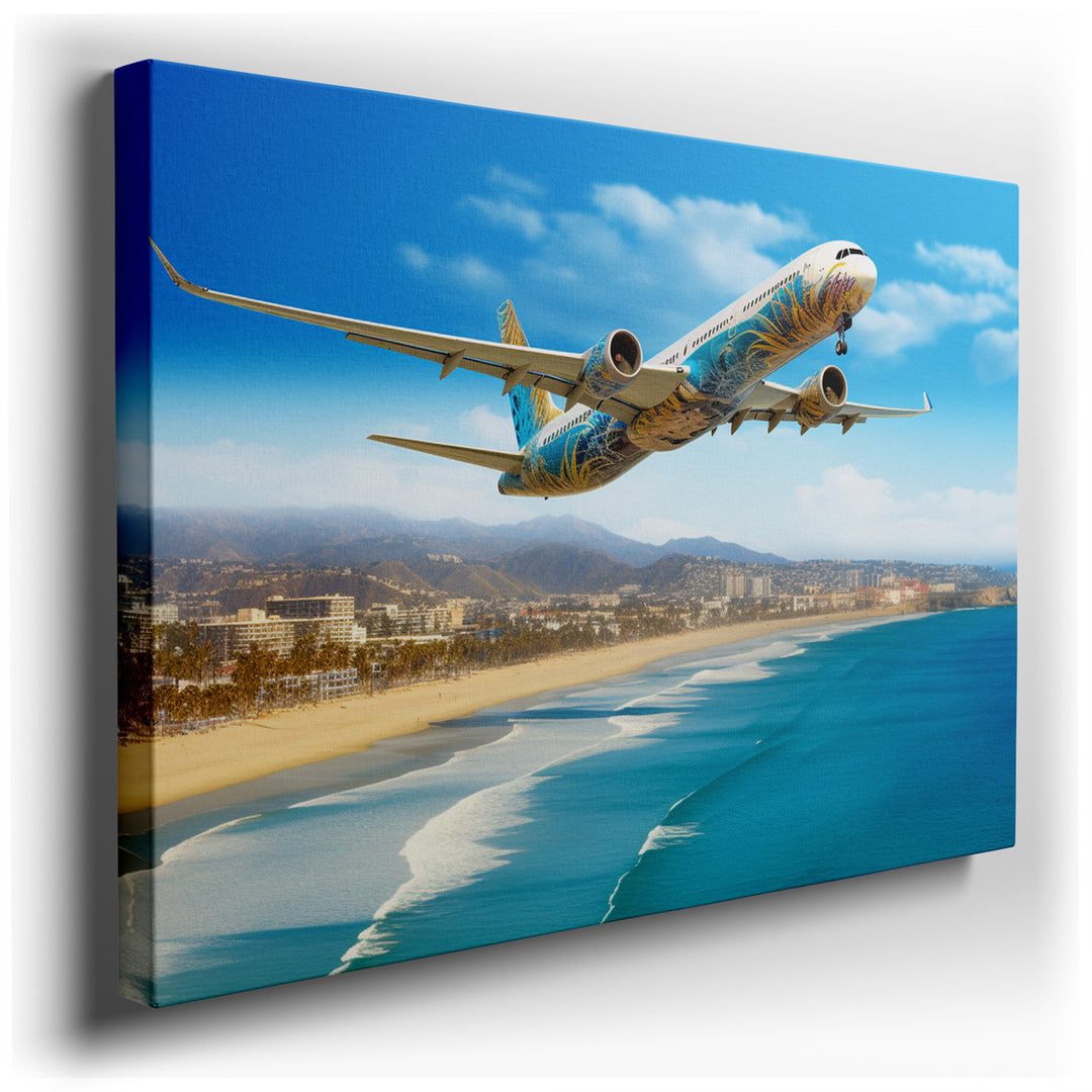 canvas print on wrapped canvas for wall decor – This wall art, a vivid and dynamic portrayal of an airplane soaring above a breathtaking coastal landscape, is a masterp...