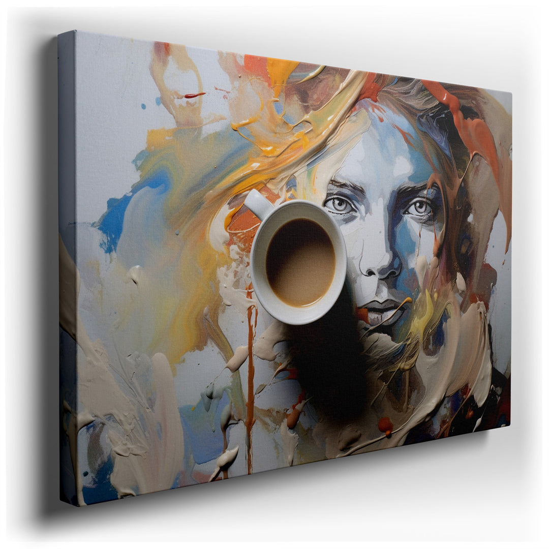 canvas print on wrapped canvas for wall decor – This wall art is a captivating visual narrative that intertwines the everyday pleasure of a coffee break with the vibran...