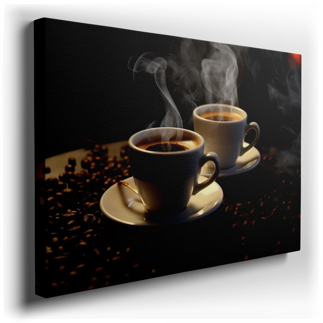 canvas print on wrapped canvas for wall decor – This wall art captures the quintessence of a coffee lover's paradise, meticulously detailed to evoke the warmth, aroma,...