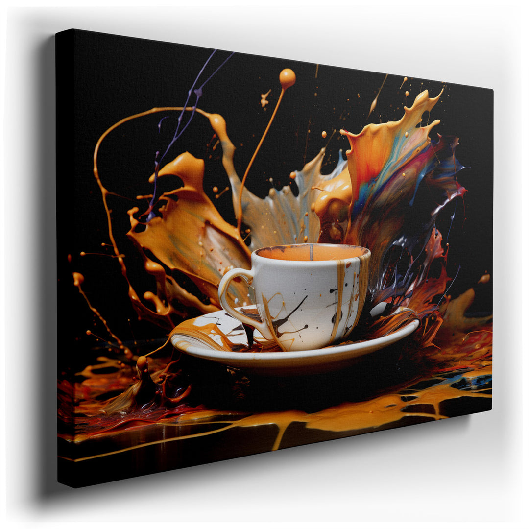 canvas print on wrapped canvas for wall decor – This wall art vividly captures the dynamic and energetic essence of a simple daily ritual—the pouring of coffee—transfor...