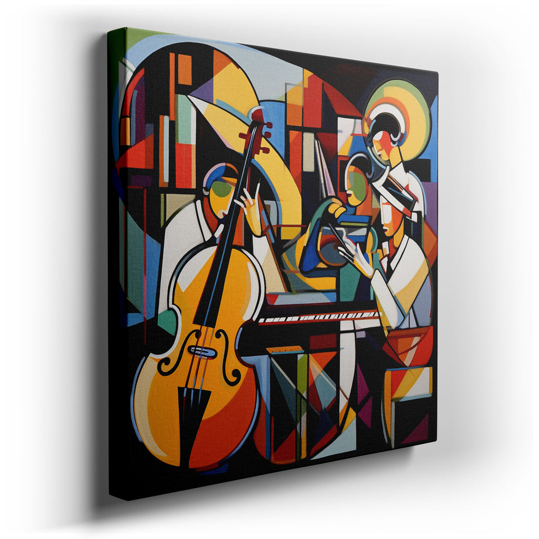 canvas print on wrapped canvas for wall decor – This contemporary abstract wall art captures the dynamic and spirited essence of a jazz ensemble in full swing. The artw...