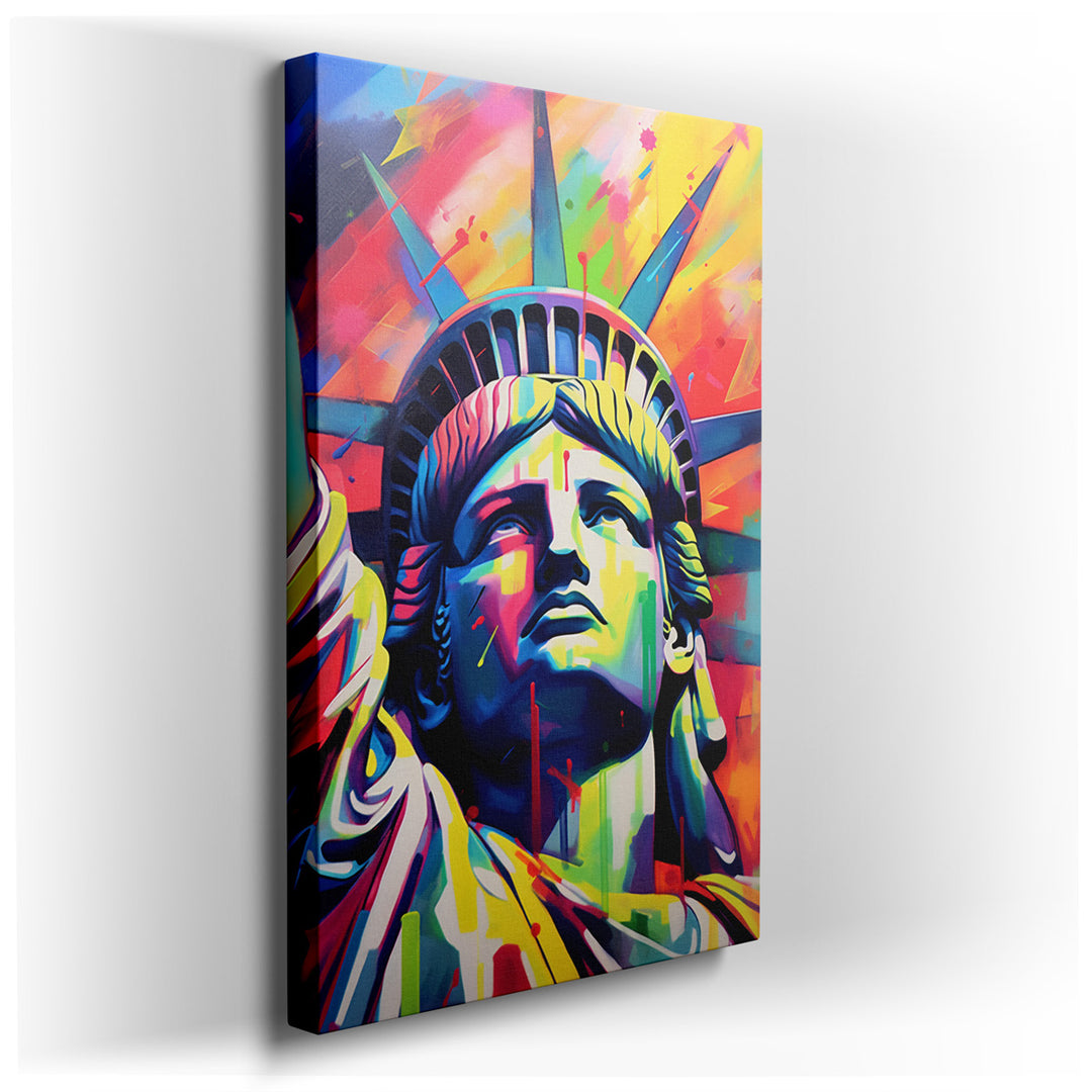 canvas print on wrapped canvas for wall decor – This wall art is a vibrant and abstract depiction of the Statue of Liberty, a masterpiece that transforms an iconic symb...