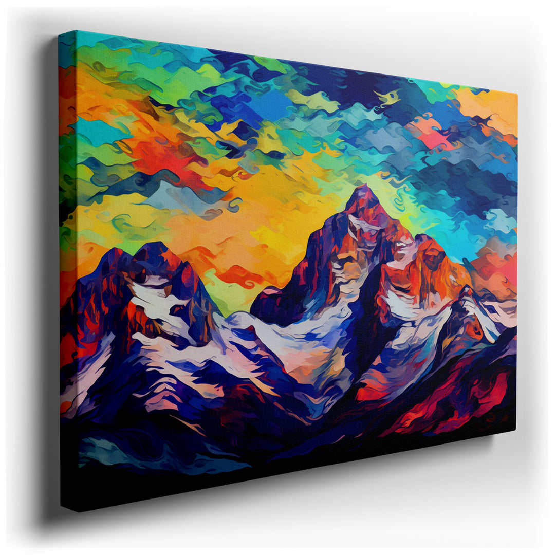 canvas print on wrapped canvas for wall decor – This wall art is a captivating masterpiece that embodies a vibrant and abstract depiction of mountains, rendered in a pa...