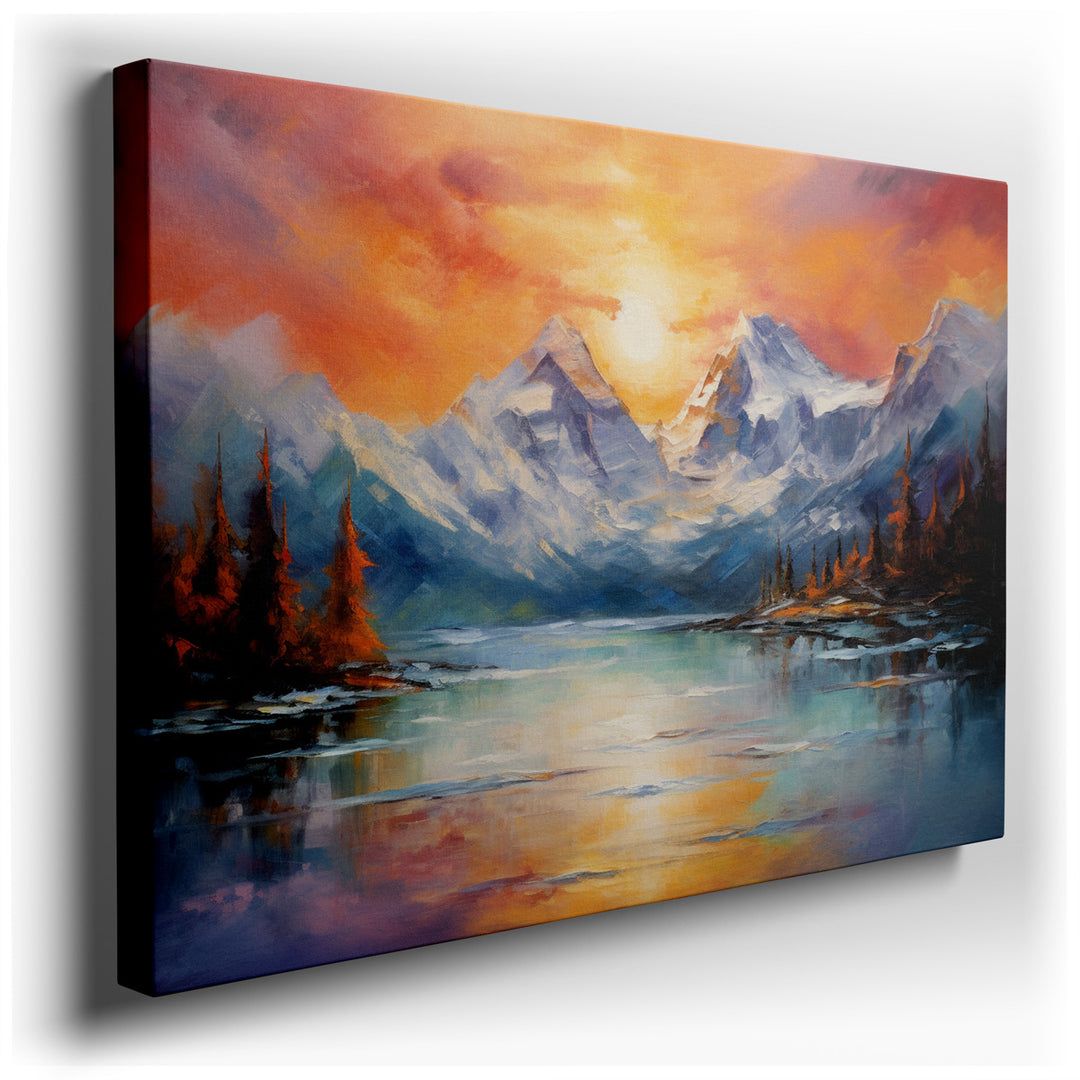 canvas print on wrapped canvas for wall decor – This wall art, a vibrant abstract interpretation of a mountain scene, is a masterpiece of color and motion that captures...