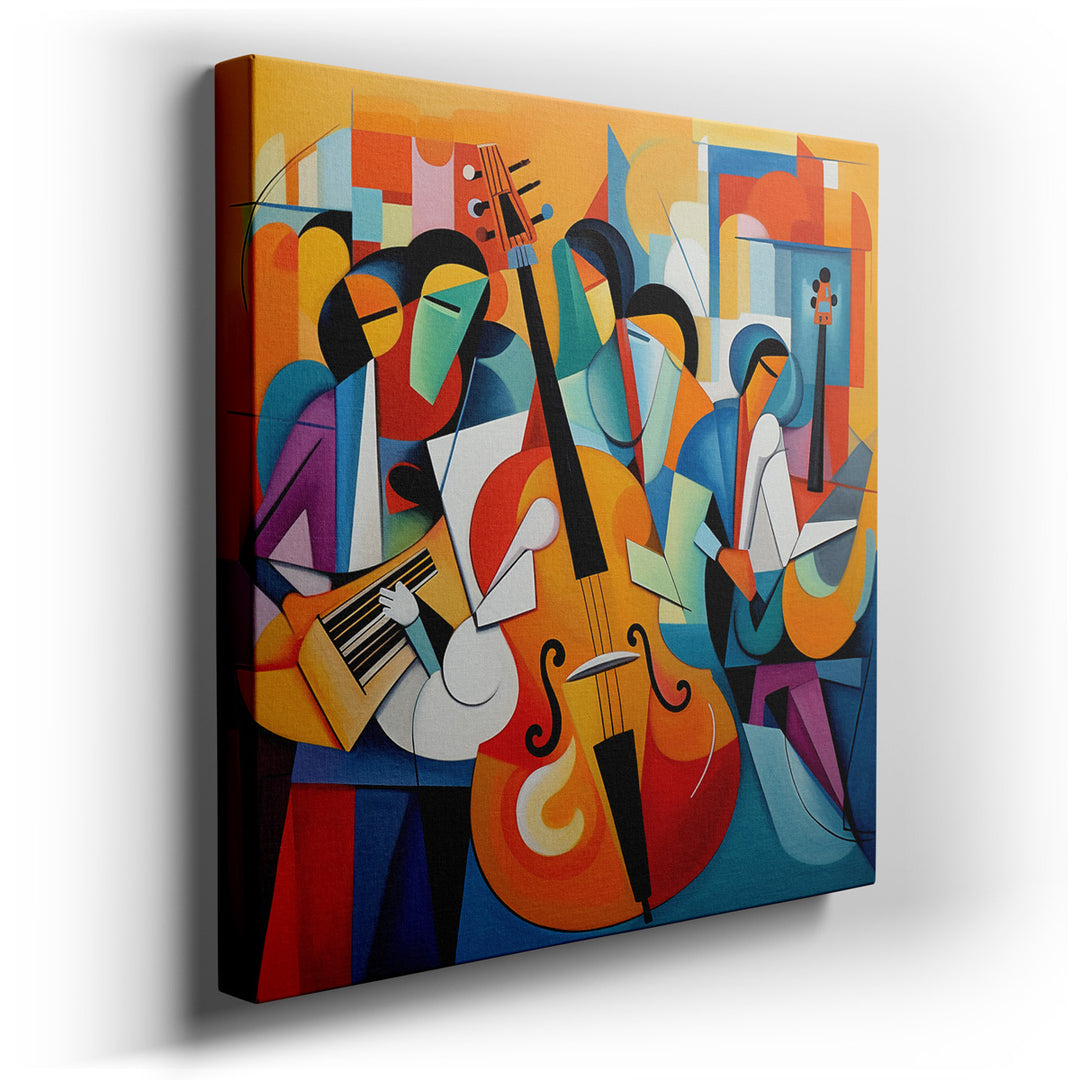 canvas print on wrapped canvas for wall decor – This captivating wall art is an abstract representation of a musical performance, characterized by its vibrant colors an...