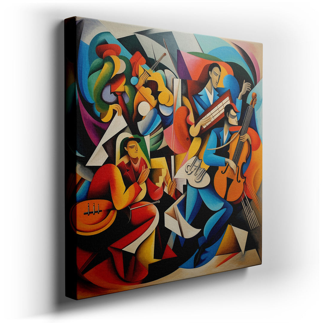 canvas print on wrapped canvas for wall decor – This wall art is a captivating abstract interpretation that vividly captures a group of musicians immersed in the act of...