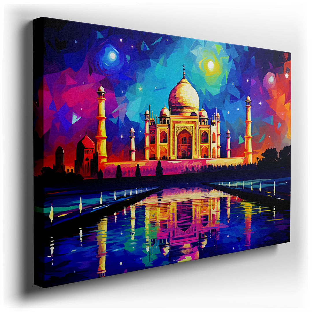 canvas print on wrapped canvas for wall decor – This wall art is a vibrant and colorful abstract depiction of the Taj Mahal at night, a masterpiece that transforms the...