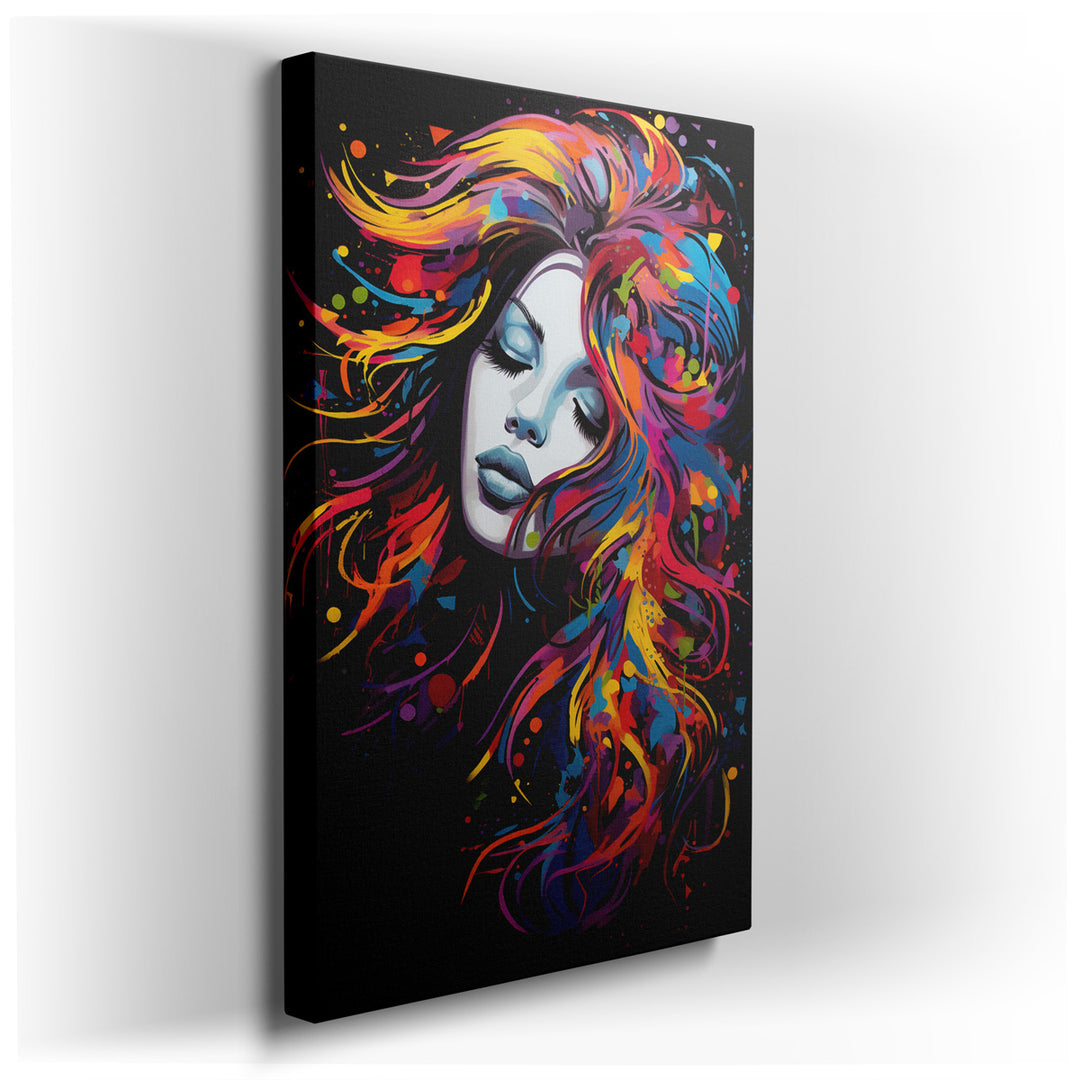 canvas print on wrapped canvas for wall decor – This wall art, an abstract portrait of a woman, is a captivating exploration of human emotion and identity, rendered thr...