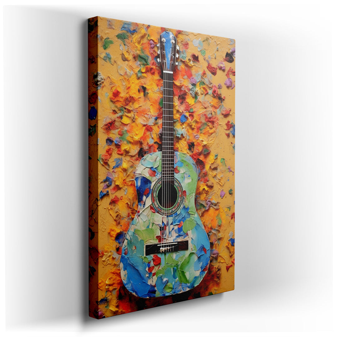 canvas print on wrapped canvas for wall decor – This wall art captures the essence of musical artistry and vibrant creativity through its depiction of an acoustic guita...